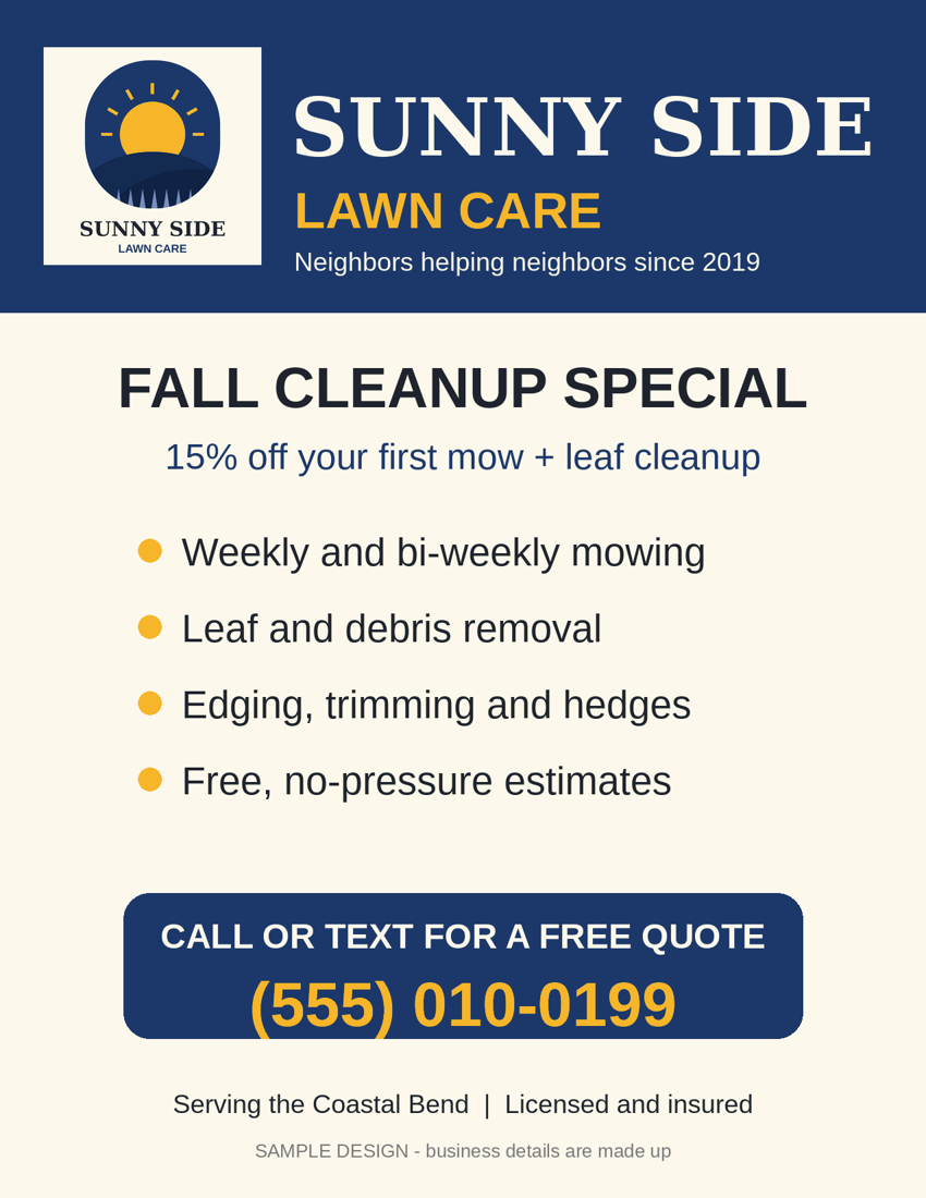 Sample flyer for a made-up lawn care business